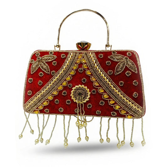 Decorative red handbag with gold embroidery and tassels , bramhani bags collection