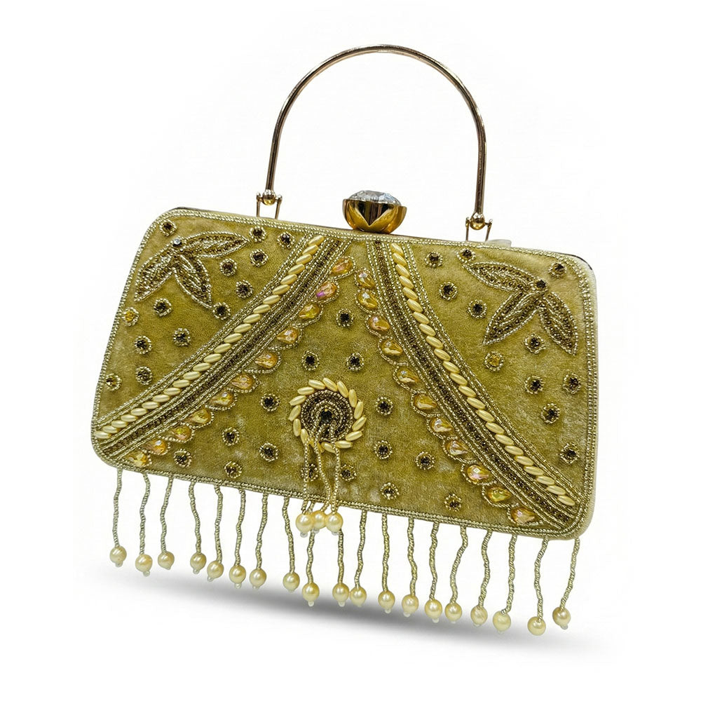 Decorative handbag with gold embroidery and tassels , jai bramhani bag