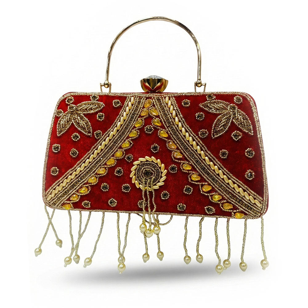 Decorative red handbag with gold embroidery and tassels , bramhani bags collection